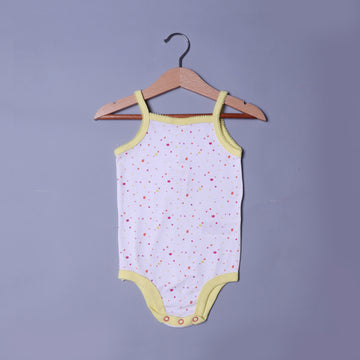 WHITE DOTS PRINTED SLEEVES LESS HALF BODY ROMPER FOR GIRLS RIBBED FABRIC